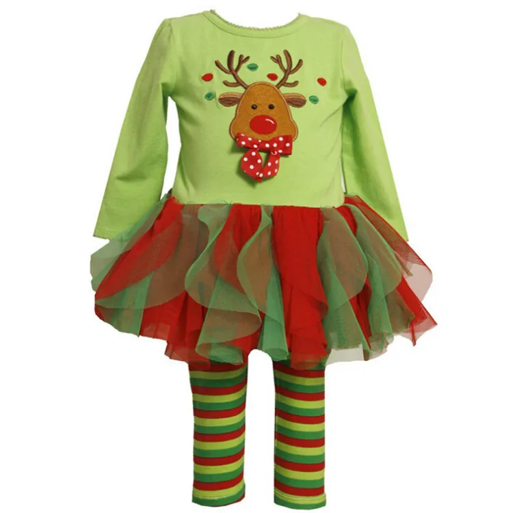 

Foreign trade children's clothing wholesale Christmas Halloween kids clothing girls deer skirt + color pants girl 2 piece sets, Green girl 2 piece sets