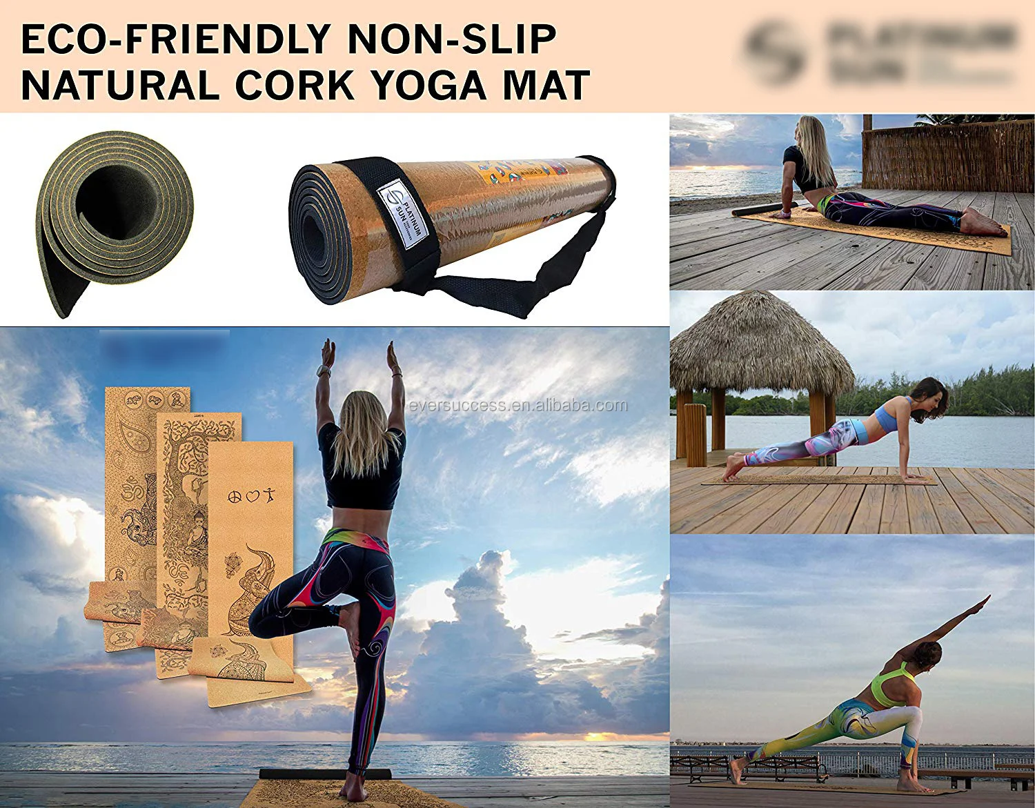 100 Natural Rubber Printed Cork Yoga Mat With Custom Logo /nonslip