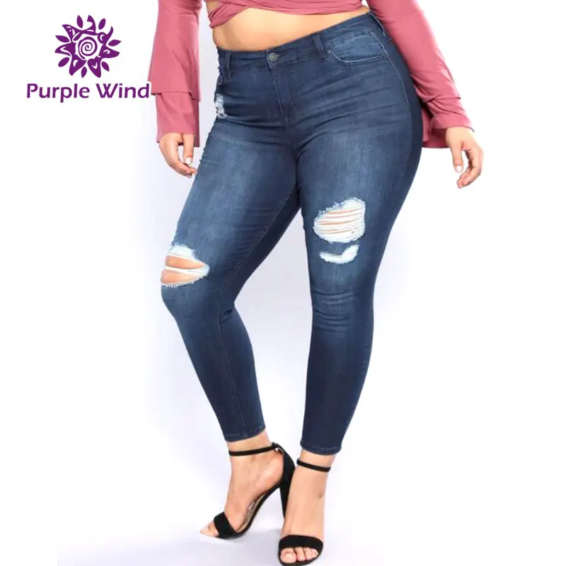 Plus Big Size Women Blue Denim Skinny Ripped Zipper Jeans For Sexy Fat