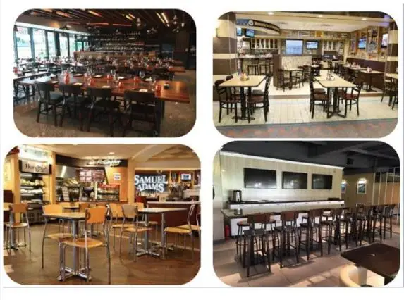 metal cafe chairs and barstool in mahogany