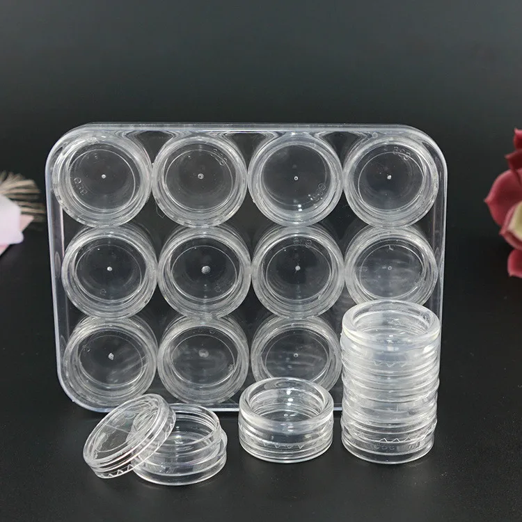 

12 Slots Pots Acrylic Empty Nail Art Storage Box Rhinestone Bead Gems Stuffs Glitter Powder Container Case, Clear