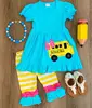 Back to school soft cotton ruffle tunic dress printing bus and gingham ruffle pants girls outfits