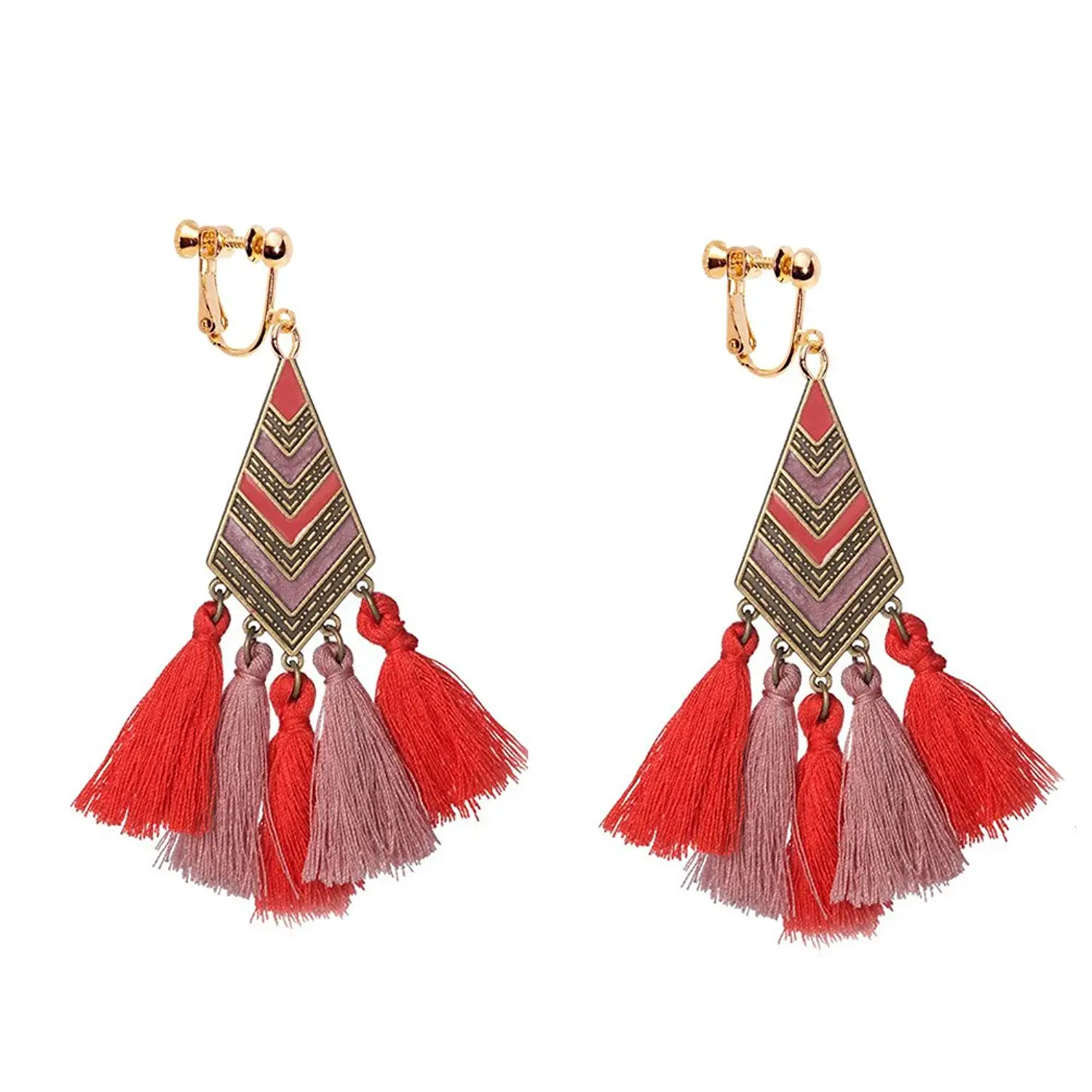Bohemia Tassels Dangle Clip on Earrings Screw on backs Triangular Girls Thread No piercing Drop Red
