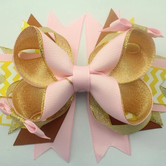 

gold & pink zigzag ribbon hair bows boutique hair bows for girl, Solid color