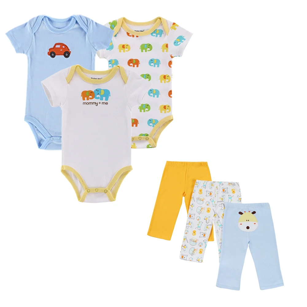 

Hot Sale Short Sleeve 100% Cotton Summer Baby Clothes Romper & Baby Pants 6Pcs, Picture