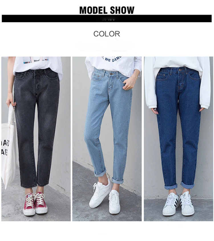 

2019 New Boyfriend Jeans For Women Full Length Loose Women's Pants High Waist Denim Plus Size Mom Jeans, Dark blue;light blue;gray