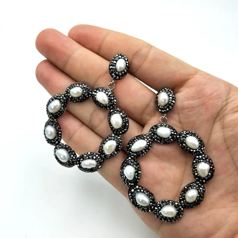 

Wholesale natural freshwater pearl handmade flower earring crystal pave boho jewelry dangle flowers hanging earrings, White earrings