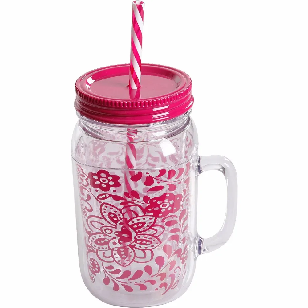 Mason Jar With Straw And Twist-off Lid,Bpa Free Double Wall Plastic ...