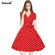 Tonval Pontos Das Mulheres Do Vintage 50 s Vestido de Manga Curta Sexy V Pescoço com cinto Balanço Rockabilly Plus Size S-4XL Roupas Vestidos de Verão
