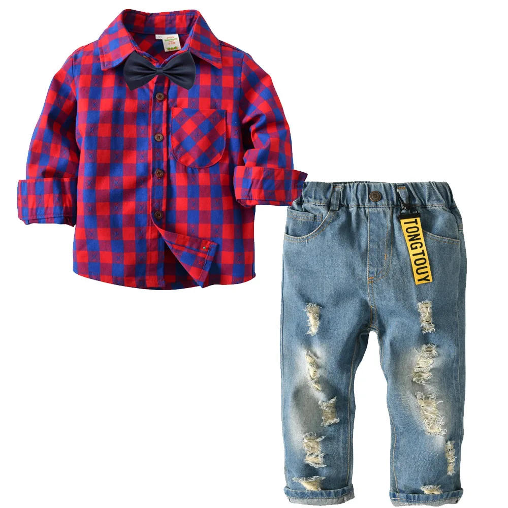 

Wholesale Hot Sales Casual Cotton Red Black Plaid Shirt + Cowboy Bib Pants + Bow Tie Cheap set Gentleman baby boy 2 piece set, Red/black plaid boys suit