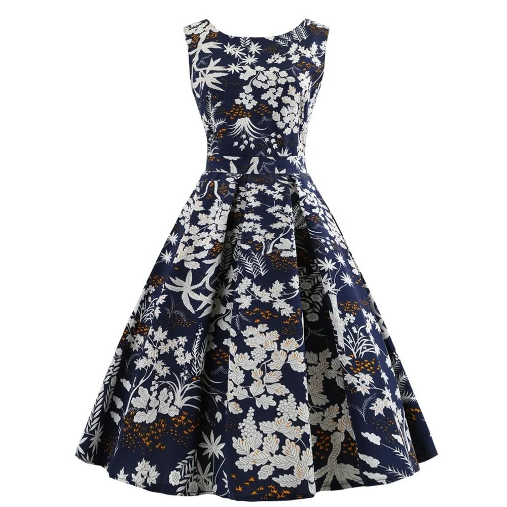 Woman Fashion Sleeveless High Waist Pleated summer floral print dress SP-Y4005