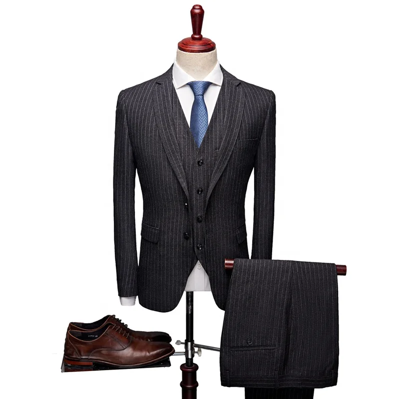 

New Striped Sanded Suit Slim Business Casual Mens Suit Three-piece Set, Black