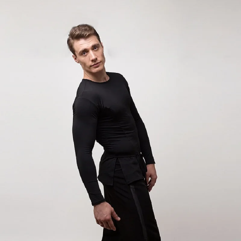 

2018 Hot Selling Men Ballroom Latin Competition Dance Tops Cha Cha Rumba High Quality Spandex Long Sleeves Stage Dancing Wear, Black;white