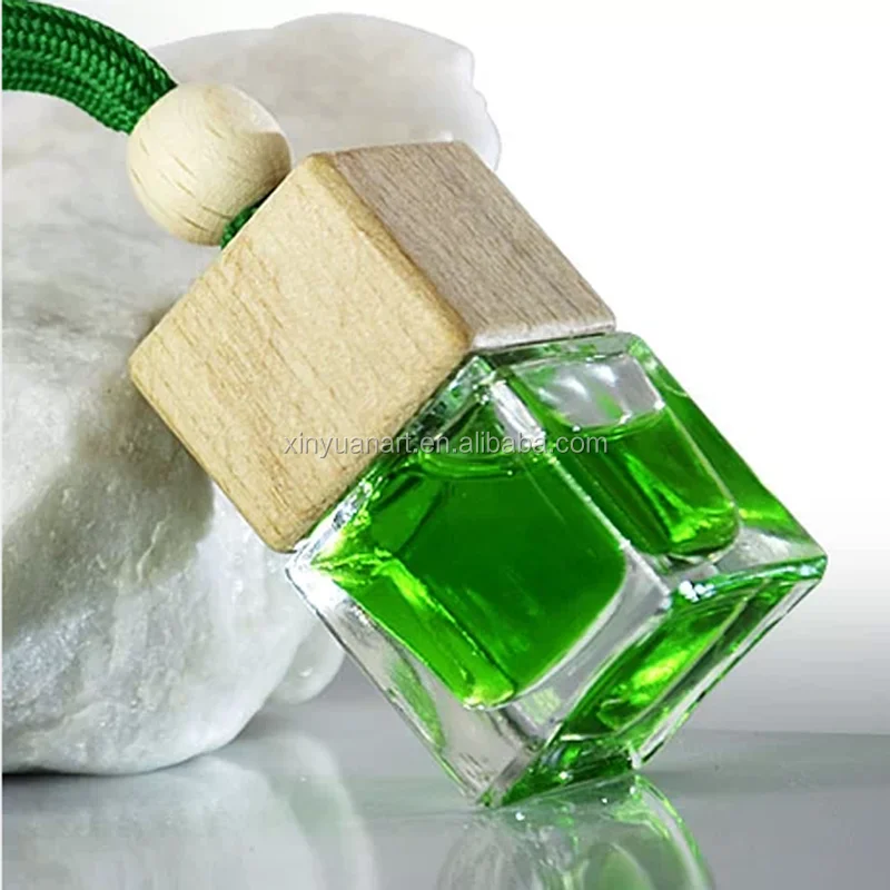 
Wholesale square shape 8ml glass bottle air freshener car perfume hanging with wooden cap 