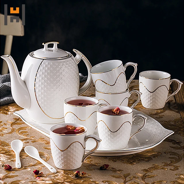 

8pcs HIGH QUALITY White Tea set With golden rim, Purple