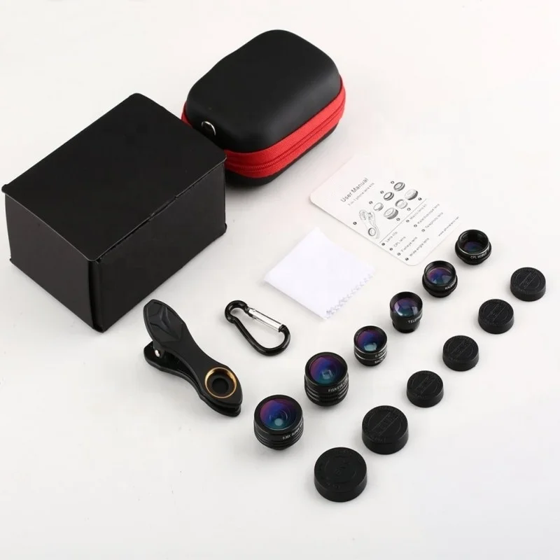 

Hot Selling Portable 7 IN 1 Cell Phone Camera Lens Kits with Fisheye/wide angle/micro/CPL /Kaleidoscope filter/Telephoto lenses, Black