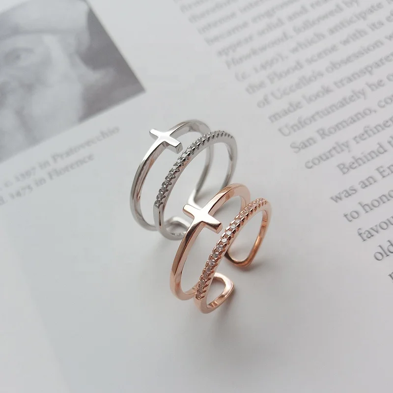 

Fashion Teen Girls Religious 925 Sterling Silver Double Layer Cross Rings Jewellery K095