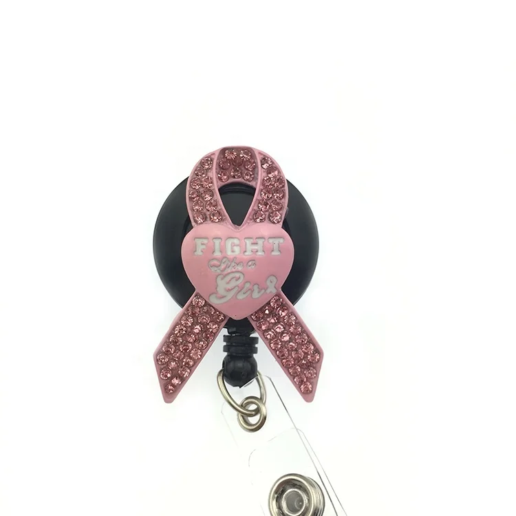 

Breast Cancer Pink Ribbon Rhinestone ID Breast Cancer Awareness Badge Holder Reel, All kinds of color