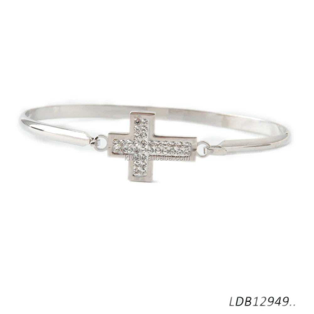 Sideways Christian Cross Rhinestone Pave Bracelets Sliver Stainless