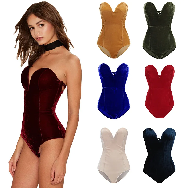 

Amazon Wish Ebay hottest fashion off-shoulder top mujer ladies sexy V neck full open bandage Velvet bodysuit with Moulded cups