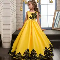 

Yellow Long Girls Dresses Black lace Stock premium wedding party wear puffy maxi dress 8 years children girl dress