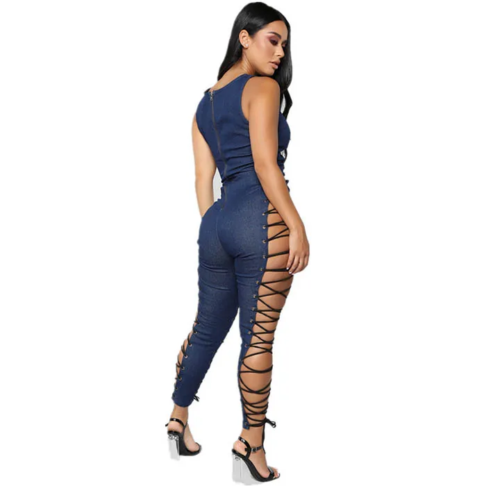 Women Sexy Hollow Out Lace Up Sleeveless Blue Denim Jeans Jumpsuit