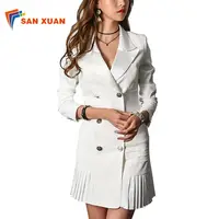 

Euramerican Fashion Tailored Collar Long Sleeve Double-breasted Solid Color Slim Latest Design Woman Pleated Office Dress