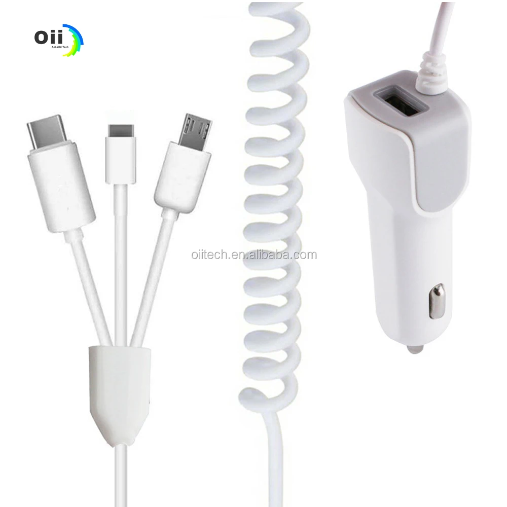5V 2.1A 3 in 1 Delicate Curly Car Charger for iPhone Type-C Micro