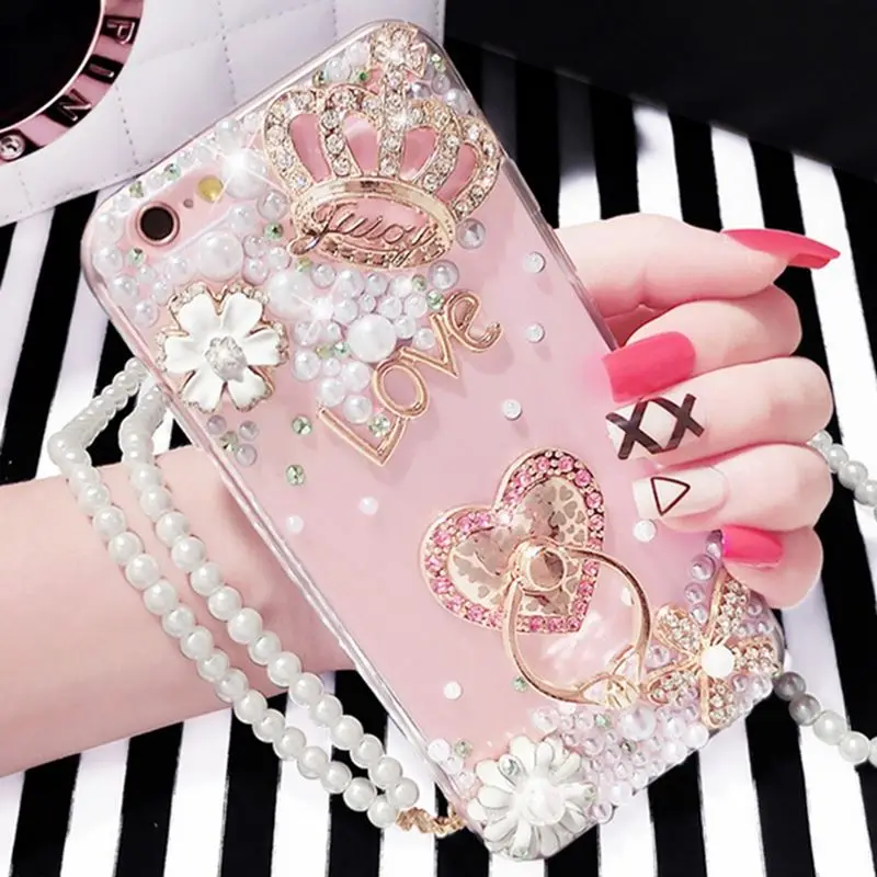 

Luxury Diamond Soft Rubber Crystal Rhinestone Glitter Mirror Case Flower Diamond Heart Finger Ring For iPhone 5S 6 6Plus 7 7Plus