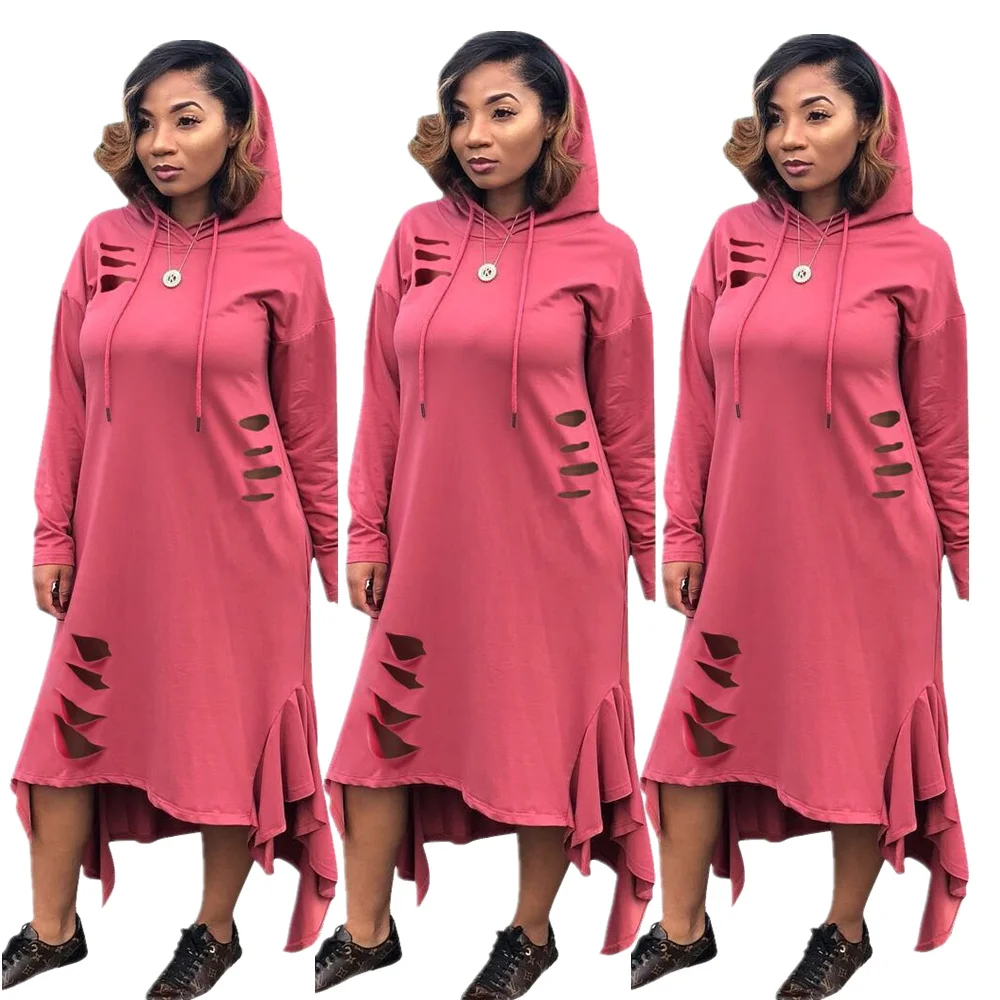 

Women's Fashion Wholesale casual pink solid ripped hooded dress with ruffle tails