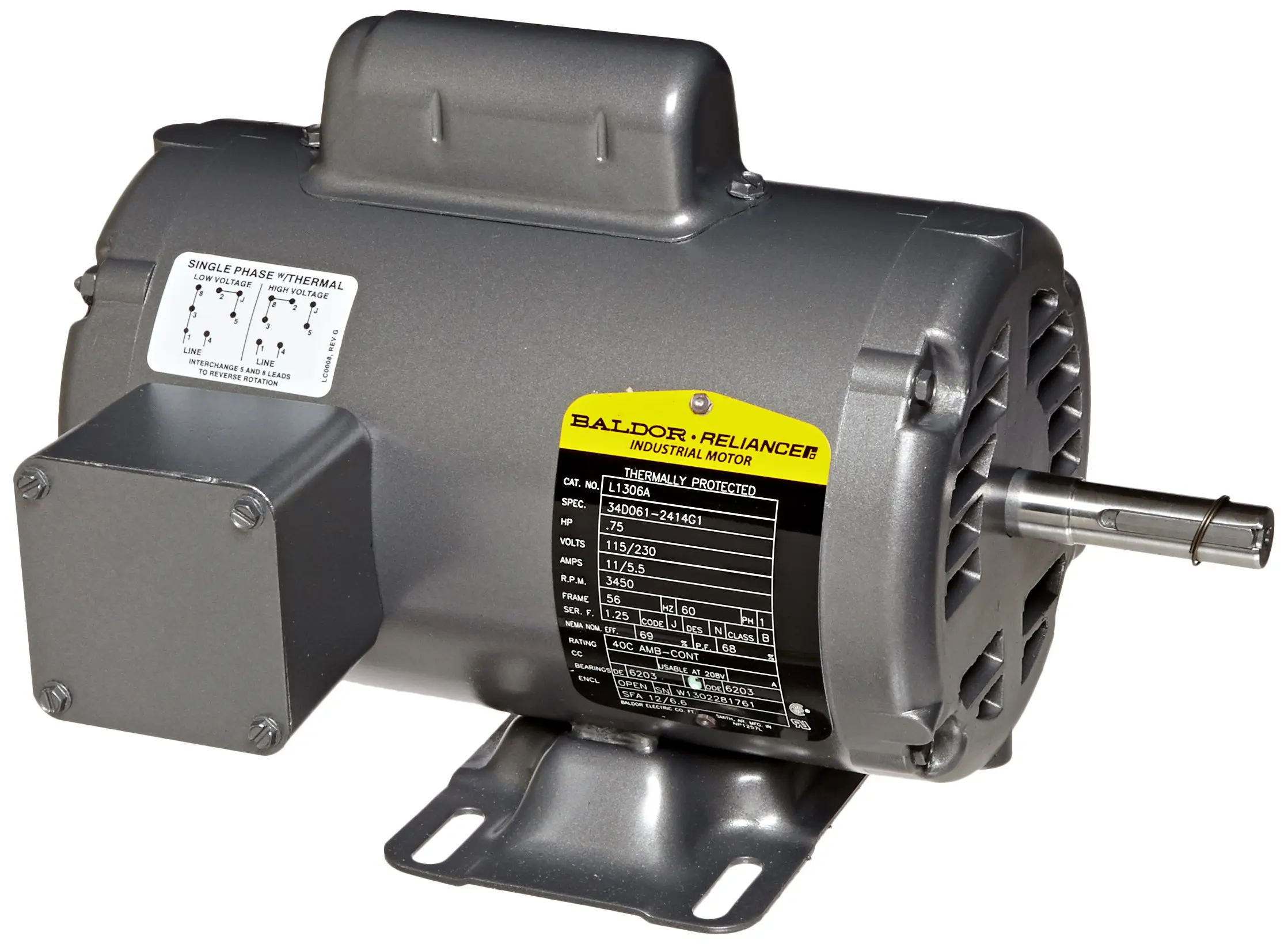 Baldor CM3541 General Purpose AC Motor 60Hz 56C Frame 3 Phase 3450rpm 230//460V Voltage 3//4Hp Output TEFC Enclosure
