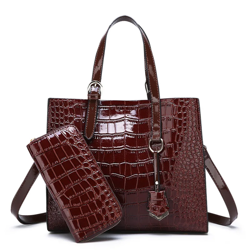 

New pu leather purses tote crocodile handbag 2 in 1 garment private label purse ladies handbags cute hand bags set women, Black,red,coffee