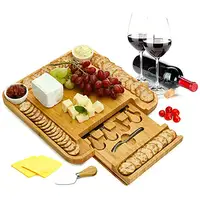 

Cheese Board and Cutlery Set | Large Bamboo Serving Tray for Charcuterie, Wine, Crackers, Meat | 2 Ceramic Bowls 6 Piece Cutlery