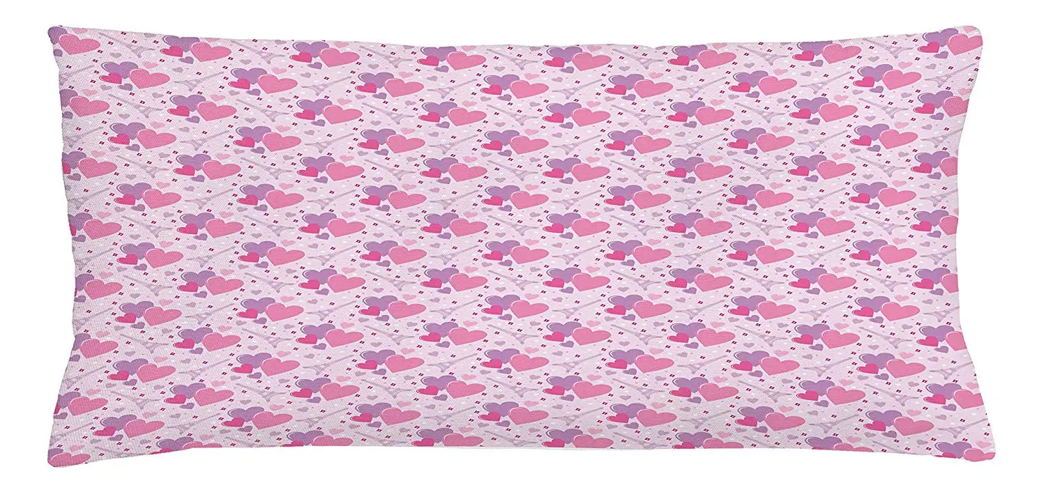 Lunarable Hearts Throw Pillow Cushion Cover, Paris France Theme Image with Colorful Hearts and Eiffel Tower City of Love Romantic, Decorative Square Accent Pillow Case, 36 X 16 Inches, Pink Lilac