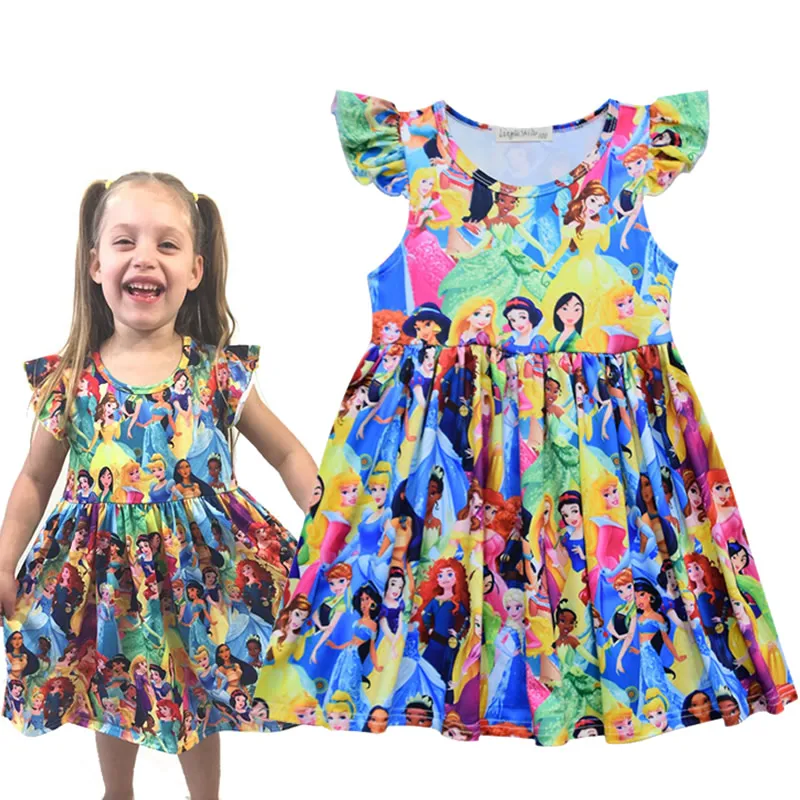 

Gilr Unicorn Floral Dinosar Fairy Princess Print Dress Snow White Jasmine Belle Elsa Printing Clothing Flying Sleeves Frocks, As picture