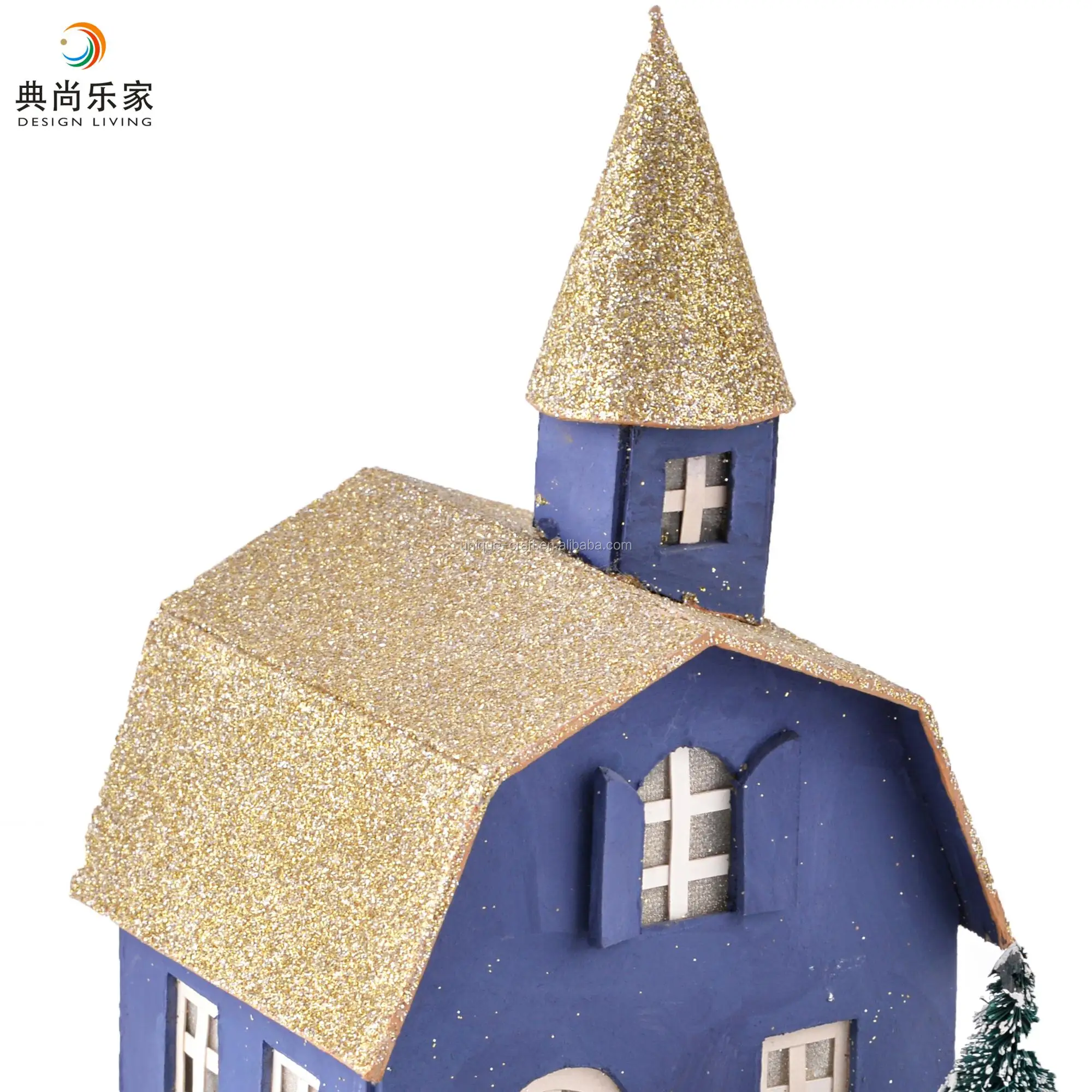 House Shaped Christmas Ornaments Glittering Blue Gold Cheap Paper Village Houses