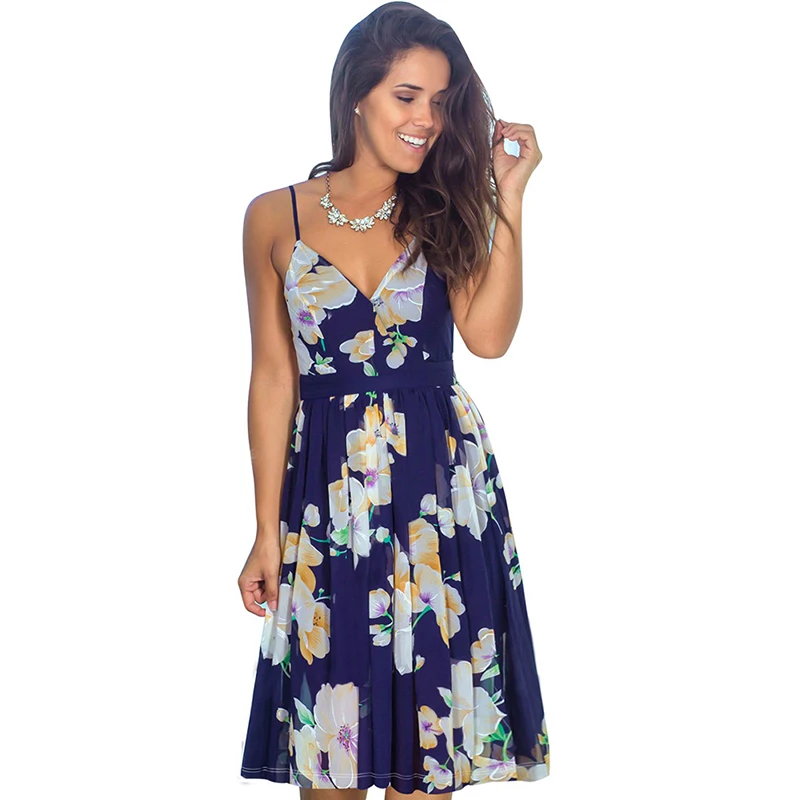 

Women Sexy Multiple Colour Summer fashion Design popular Strapless V neck Sling beach holiday floral print dress, N/a