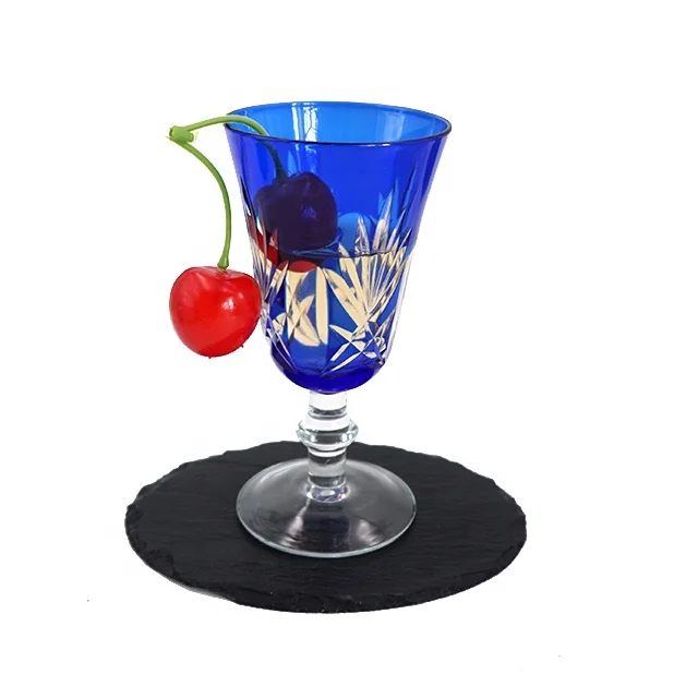 

Bohemian Czech cobalt blue engraved shot glass cut to clear drinking glassware, Green