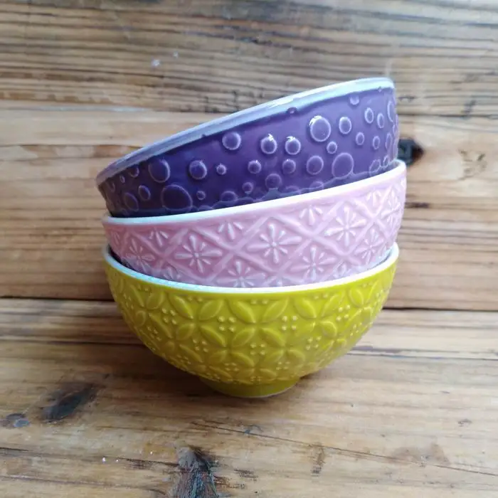 2020广交会陶瓷碗套装彩色花卉陶瓷浮雕水果碗移印碗批发