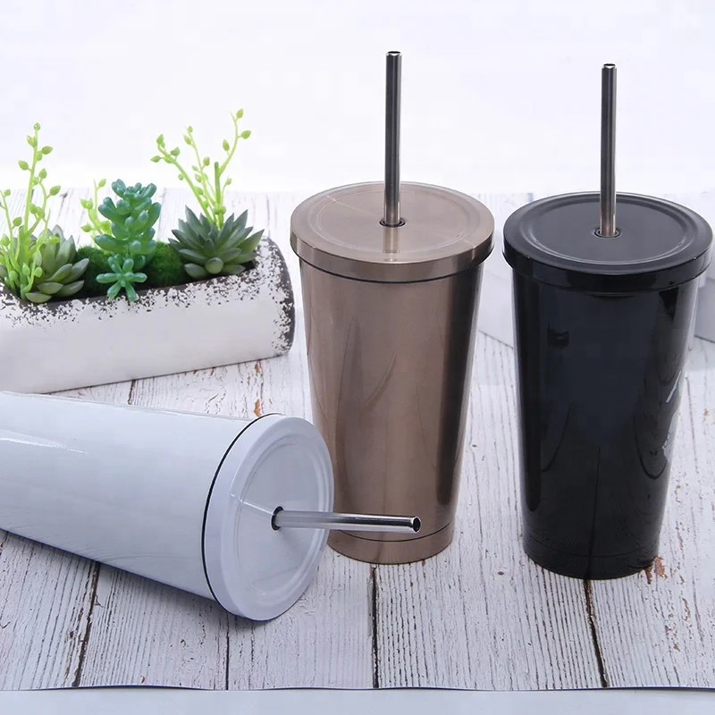 Hot Sale 16oz Vacuum Cup New Design Coffee Mugs Stainless Steel Straw