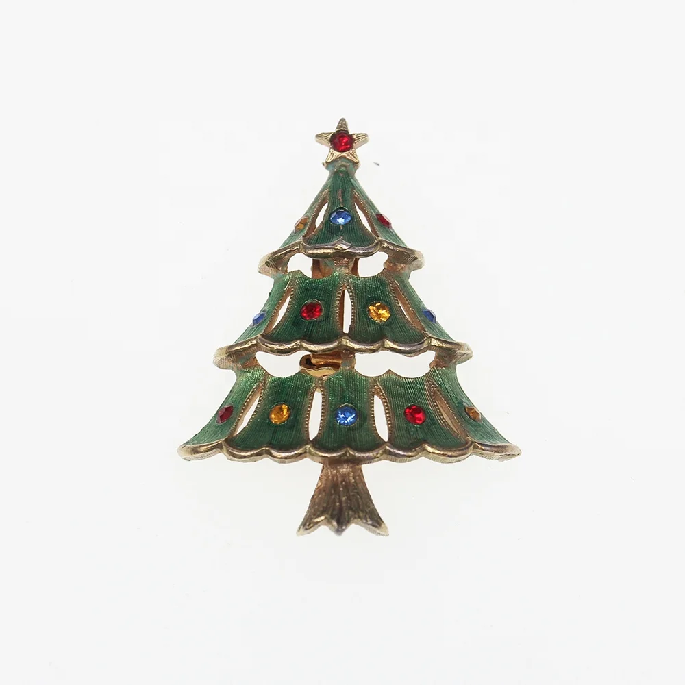 

Promotional Christmas Gifts Lapel Pin Christmas Tree Badge Rhinestone Zinc Alloy Brooch Pin, Green