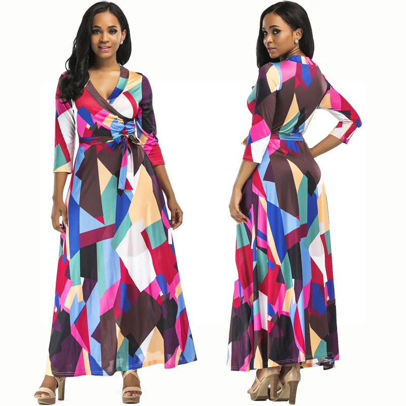 

F20767A hot sale women's v-neck print fashion beach dress for women, As picture