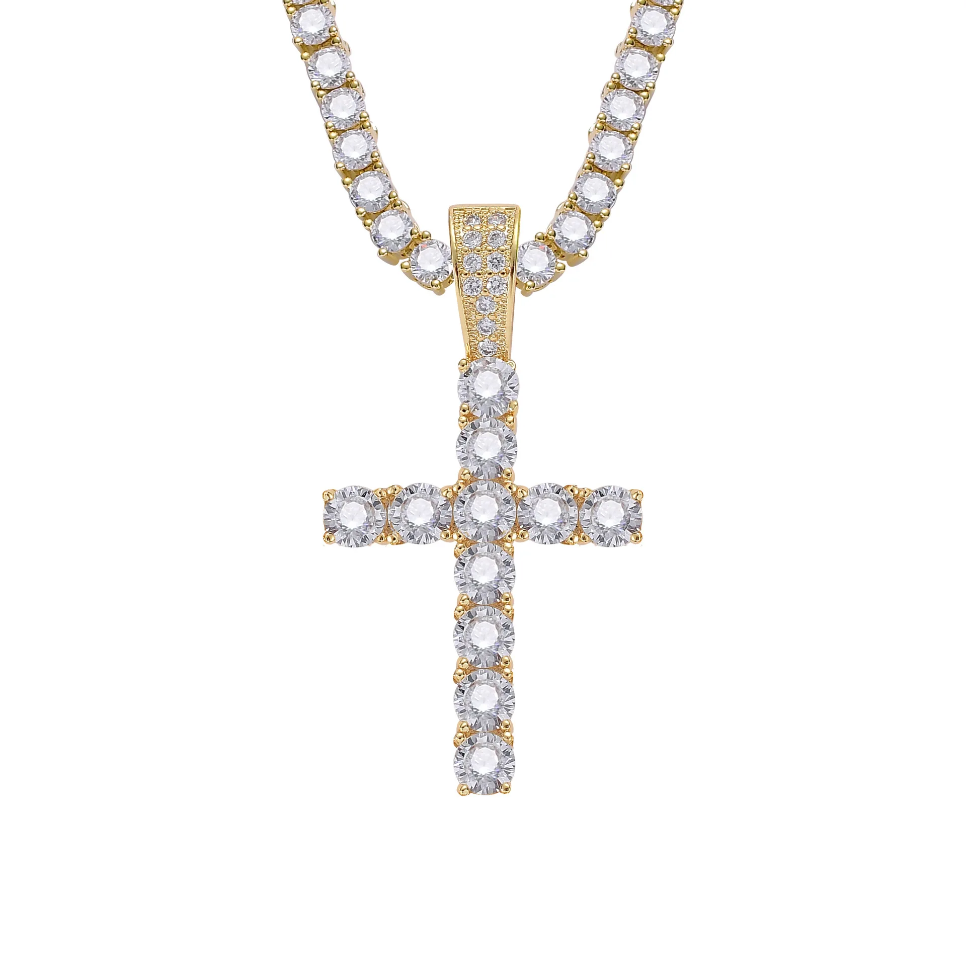 

Fashion Hot Sale High Quality 18k Gold Plated Iced Out Diamond CZ Religious Jesus Cross Pendant Necklace Wholesale, Picture