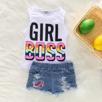 

Baby Girl Summer Outfit Cotton White Girl Boss Printed Tank Top +Distressed Patched Denim shorts Kid Girl Sleeveless top Set