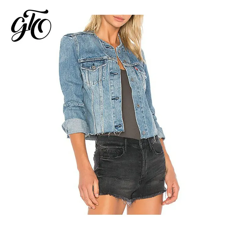 China Wholesale No Collar Blue Women Jean Jacket Buy Women Jean