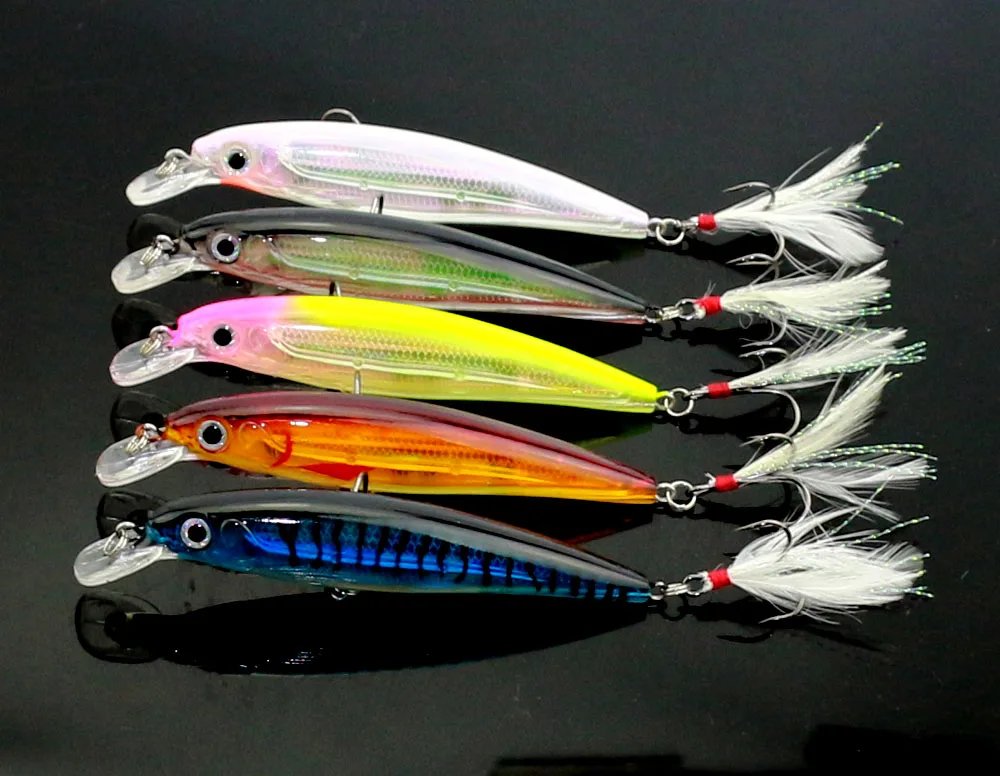 

Factory price minnow feather lure 11cm 14g bionic bait minnow fishing lures free shipping, 5 available colors to choose