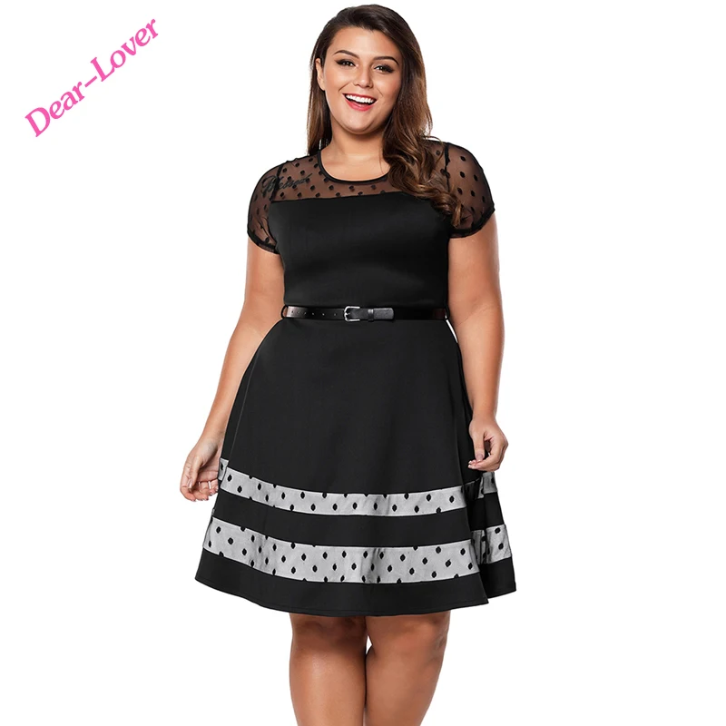 

Wholesale Black Mesh Fat Women Dresses Plus Size Women Clothing with Belt, As shown