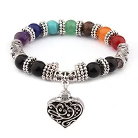 

Chakra healing yoga elastic bracelet with antique silver heart charm