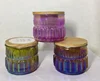custom logo cheap electroplated amber luster colored decoration glass candle holder with wood lid