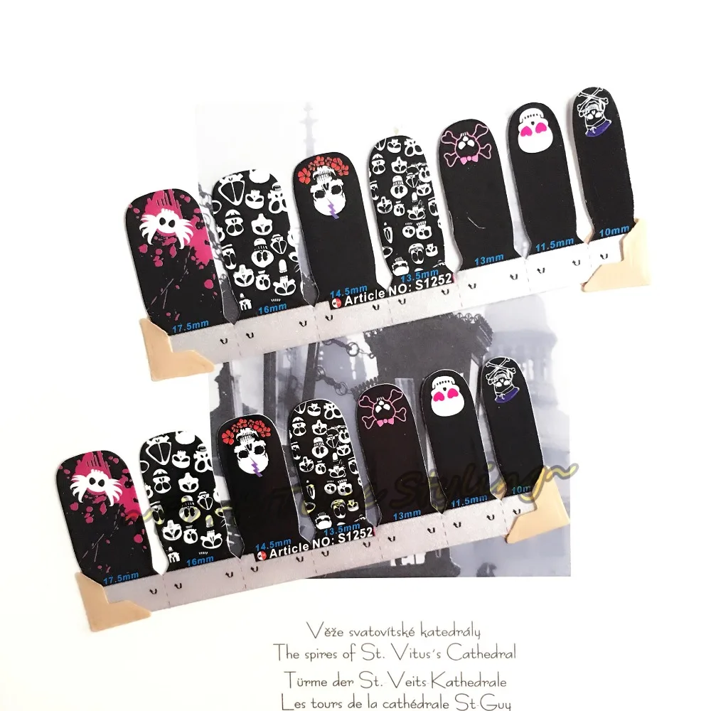 Black Skulls Designs Nail Art Sticker Patch 14 pcs set Waterproof Decals Foils Gel Polish French
